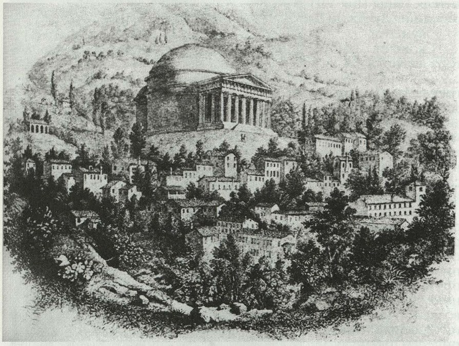 Дж. Борсато. Храм Кановы в Поссаньо. Гравюра XIX века