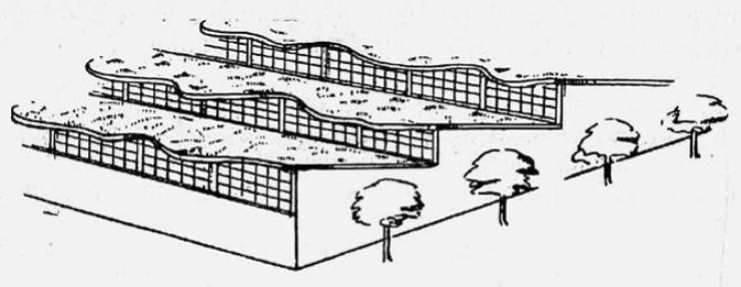 Практический пример маскировки заводского здания: на крыше растет трава; контур крыши — неровный